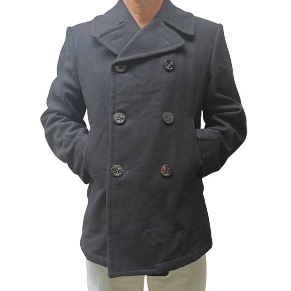 Vintage US Navy Pea Coat 40S Black Wool Double Breasted Military Issue Jacket - Picture 1 of 3